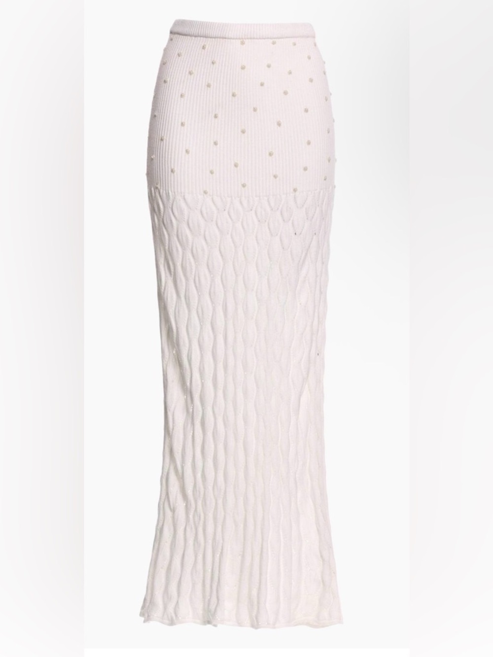 NWT Agua Bendita White Knit Maxi Skirt with Pearl Embellishme